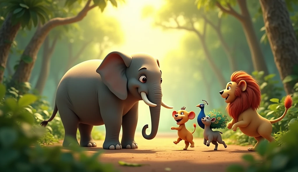In 3d animation images in this story. હાથી સ્વસ્થ થઈને ફરીથી ઊભો થાય છે અને તેના મિત્રોનો આભાર માનતો હોય છે. સિંહ મોર બકરી ખુશીથી ઉછળતાં હોય છે અને ફરી એક સાથે રમતાં હોય છે. જંગલમાં ફરીથી આનંદનો માહોલ છે"
