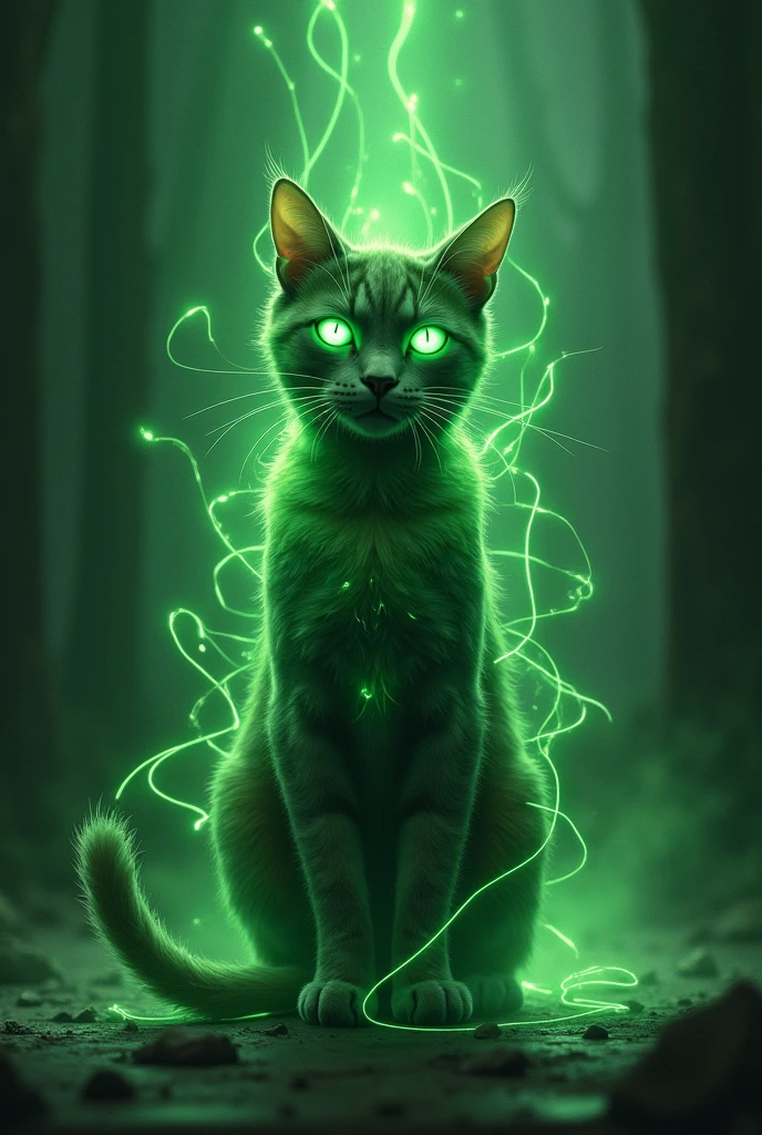 The cat turned into a cat with green glowing strings around it.