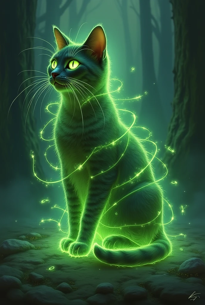 The cat turned into a cat with green glowing strings around it.