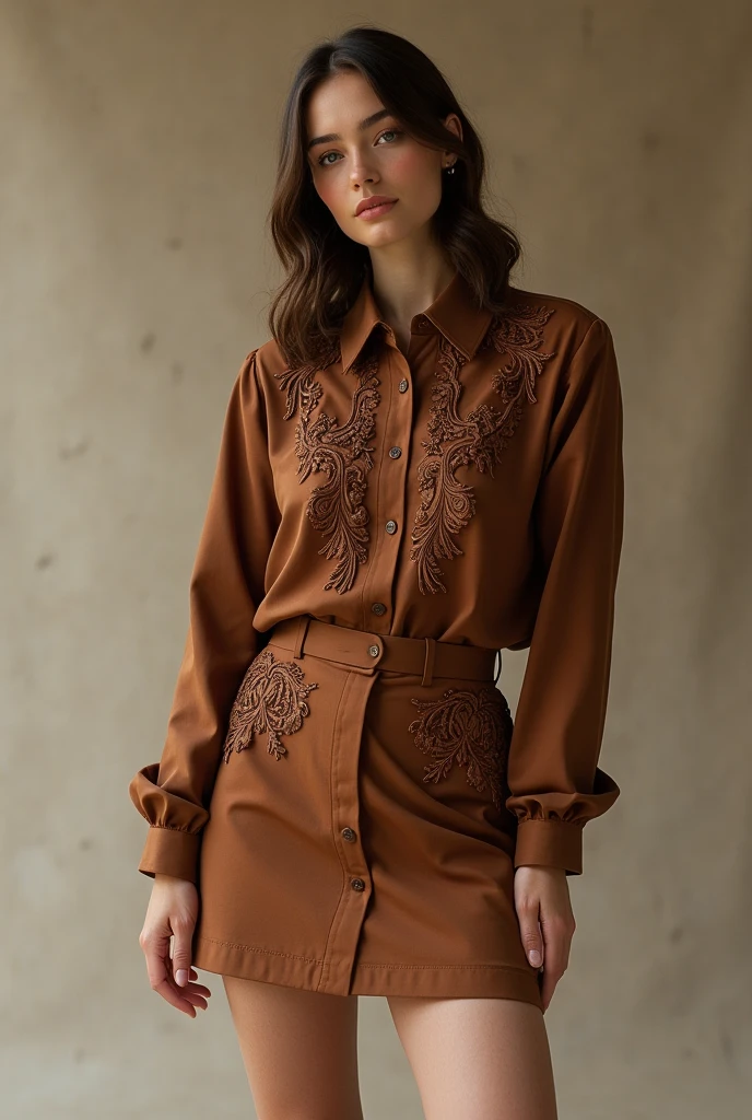 European woman model wearing a short skirt and short blouse set in the same fabric and brown with baroque relief details