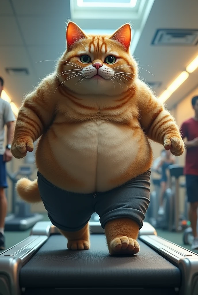 First Workout - The Struggle:
Scene: The chubby cat human character is at the gym, struggling through their first workout session. They are on a treadmill, sweating and panting heavily, with their fur slightly matted from exertion. The treadmill’s speed is set to a slow pace, but the character’s expression shows that they are finding it tough. The background shows other gym equipment, with a few other gym-goers in the distance, but the focus is on the character’s effort. The scene should mix humor with a sense of trying hard.