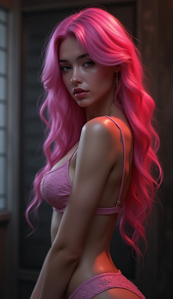 (1girl, long pink hair:1.3, (Bra top:1.1), seductive pose, shiny lips, (moody lighting:1.2))
