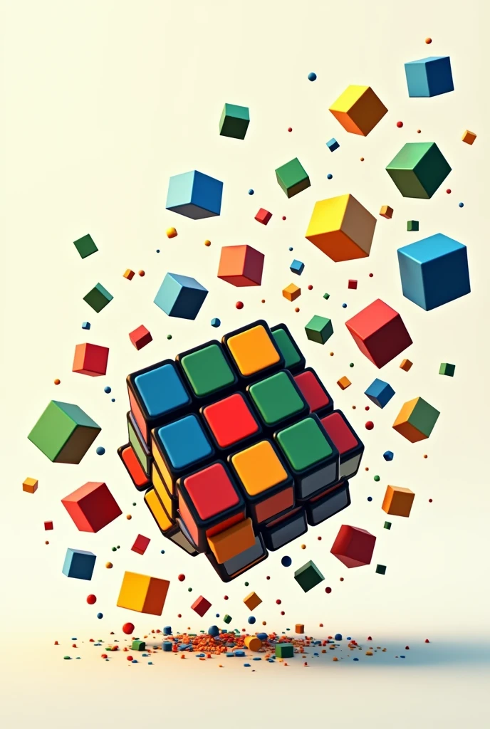 Broken and completely disassembled 3x3 Rubik's cube , with the pieces flying , for a new scholl tattoo