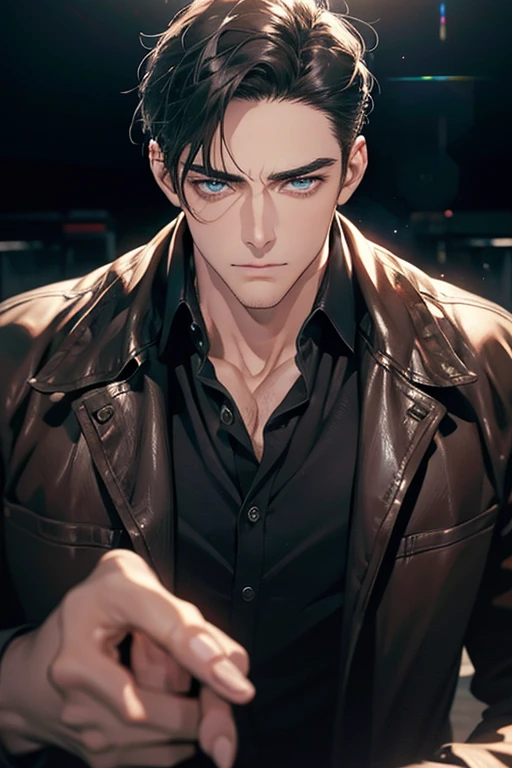 (Best Quality,4k,8k,high resolution,Masterpiece:1.2),ultra detailed,(realist,photorealist,photo-realist:1.37),1 man,31 years,mature man,muscular,square jaw,very handsome,without expresion,short gray black hair,hairstyle,Blue eyes,glare,perfect face without mistakes,imposing posture,collar jacket,leather jacket,dark background,cinematic lighting,imagen HDR