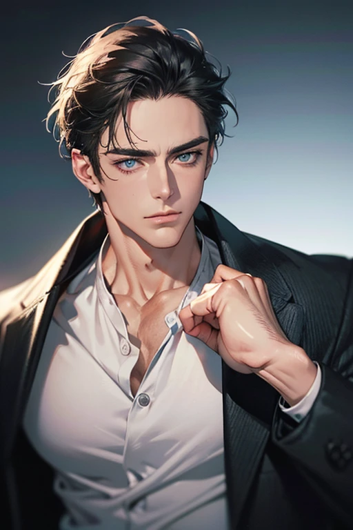 (Best Quality,4k,8k,high resolution,Masterpiece:1.2),ultra detailed,(realist,photorealist,photo-realist:1.37),1 man,31 years,mature man,muscular,square jaw,very handsome,without expresion,short gray black hair,hairstyle,Blue eyes,glare,perfect face without mistakes,imposing posture,collar jacket,leather jacket,dark background,cinematic lighting,imagen HDR