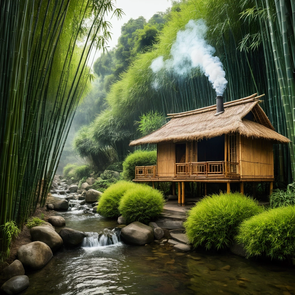a beautiful natural landscape in the bamboo forest, there is a bamboo house with a chimney with smoke rising, in front of the door is a stream of flowing water and fish swimming, 16k