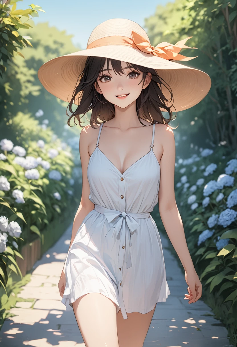 (masterpiece:1.5),(Beat quality),(high res),1girl solo,beautiful face,smile,Woman in summer clothes walking,garden