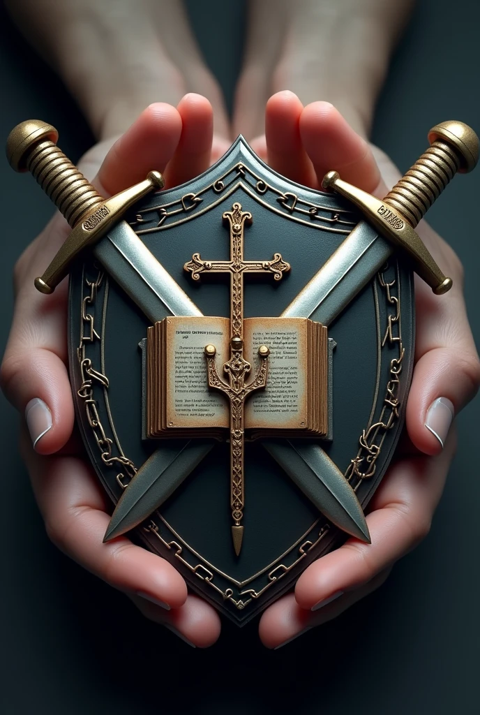 Crée moi un logo 3D hyper realiste et tres moderne en forme de bouclier avec deux épées qui se croisent dont les manches et les bouts sont visibles. Sur le bouclier est dessiné un chandelier à 7 branches sur une bible et le bouclier sur des mains dont la chaîne a ete brisée. Sur le bouclier est écrit TS