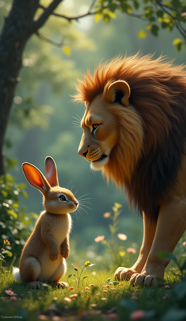 The rabbit, through his cunning, sent the lion an animal every day, and the lion felt that the rabbit was really providing him with food well. One day, the rabbit deliberately told the lion that another lion had also come to the forest and was ruling in the lion's place