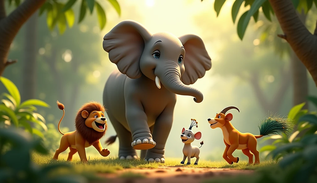 In 3d animation images in this story. હાથી સ્વસ્થ થઈને ફરીથી ઊભો થાય છે અને તેના મિત્રોનો આભાર માનતો હોય છે. સિંહ મોર બકરી ખુશીથી ઉછળતાં હોય છે અને ફરી એક સાથે રમતાં હોય છે. જંગલમાં ફરીથી આનંદનો માહોલ છે"

