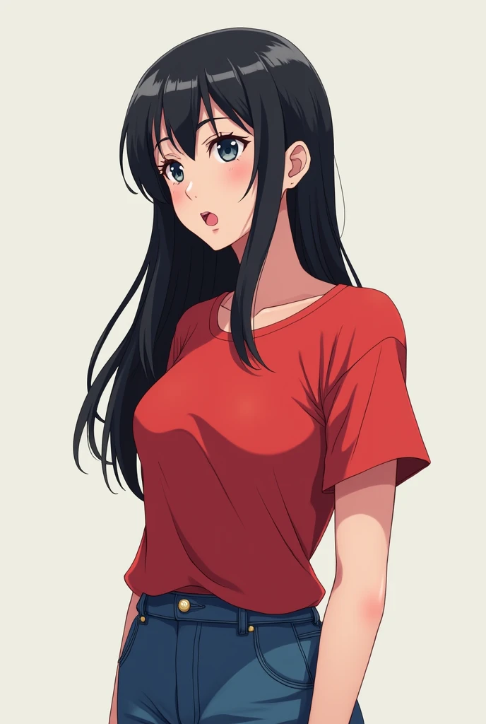 A woman standing, her body language shows clearly that she is asking someone a question, she has black hair, she wears a red shirt, a blue jeans pants, no background, realistic portrait, anime style