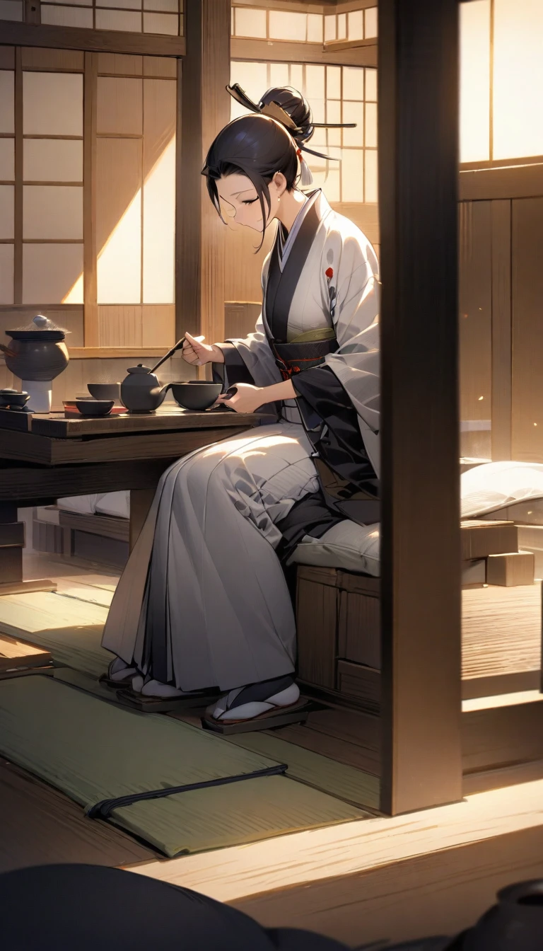 A traditional Japanese tea room, with an elegantly dressed samurai preparing tea. The setting is serene and peaceful, with soft lighting highlighting the samurai's calm demeanor. The focus is on the tea ceremony, symbolizing cultural refinement.