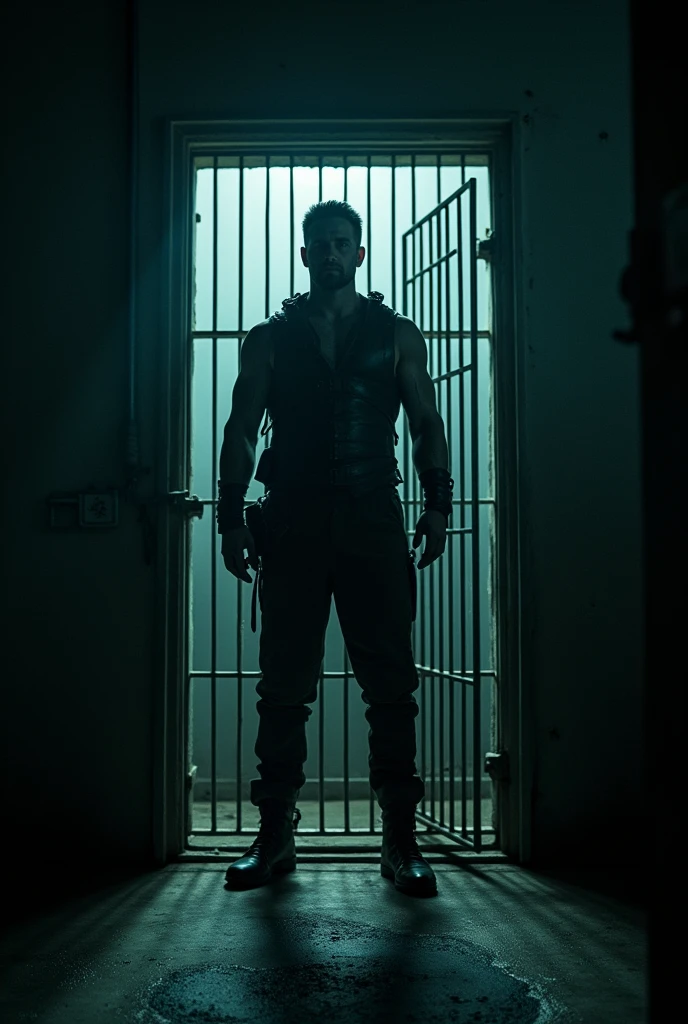 arafed man standing in a jail cell with a caged door, the answer music video, Frame from the movie I saw., cyborg movie frame, still from a music video, Alita frame, altered carbon, Frame from the Aztec cyborg movie., leather clothing under armor, dark spot :: athletic, Movie still of an alien cyborg., cage  