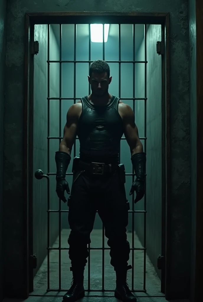 arafed man standing in a jail cell with a caged door, the answer music video, Frame from the movie I saw., cyborg movie frame, still from a music video, Alita frame, altered carbon, Frame from the Aztec cyborg movie., leather clothing under armor, dark spot :: athletic, Movie still of an alien cyborg., cage