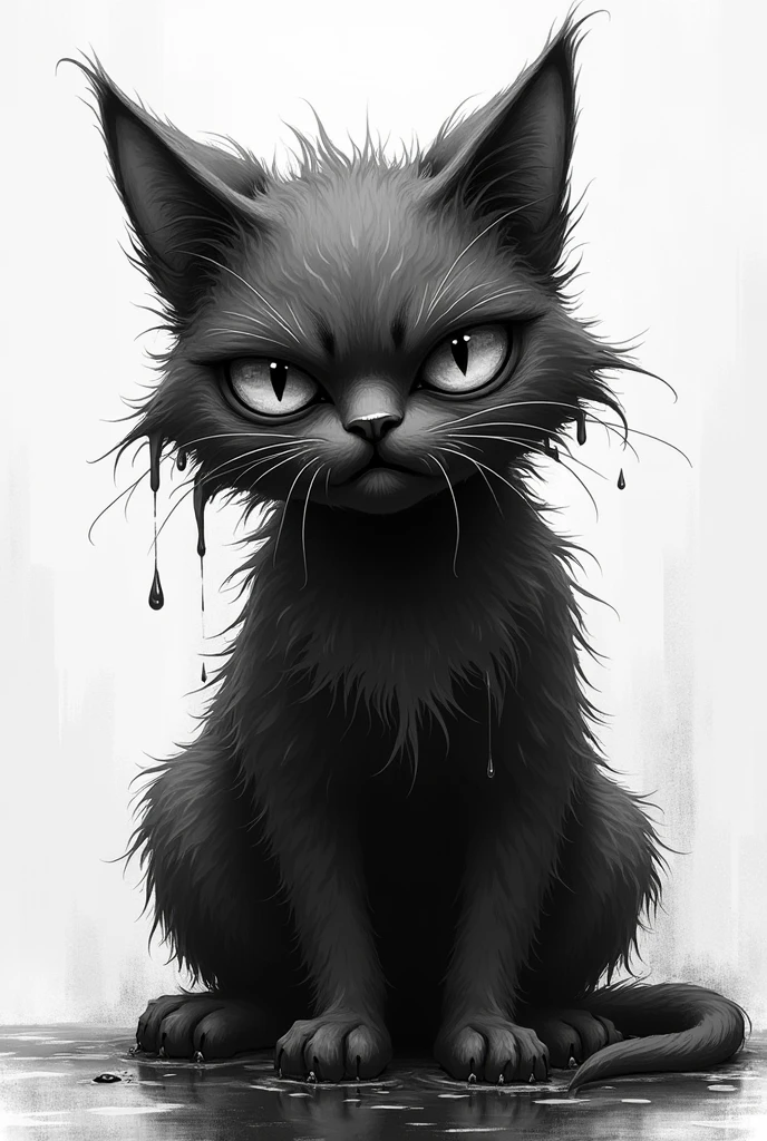 Create a black and white drawing of a wet, angry cat