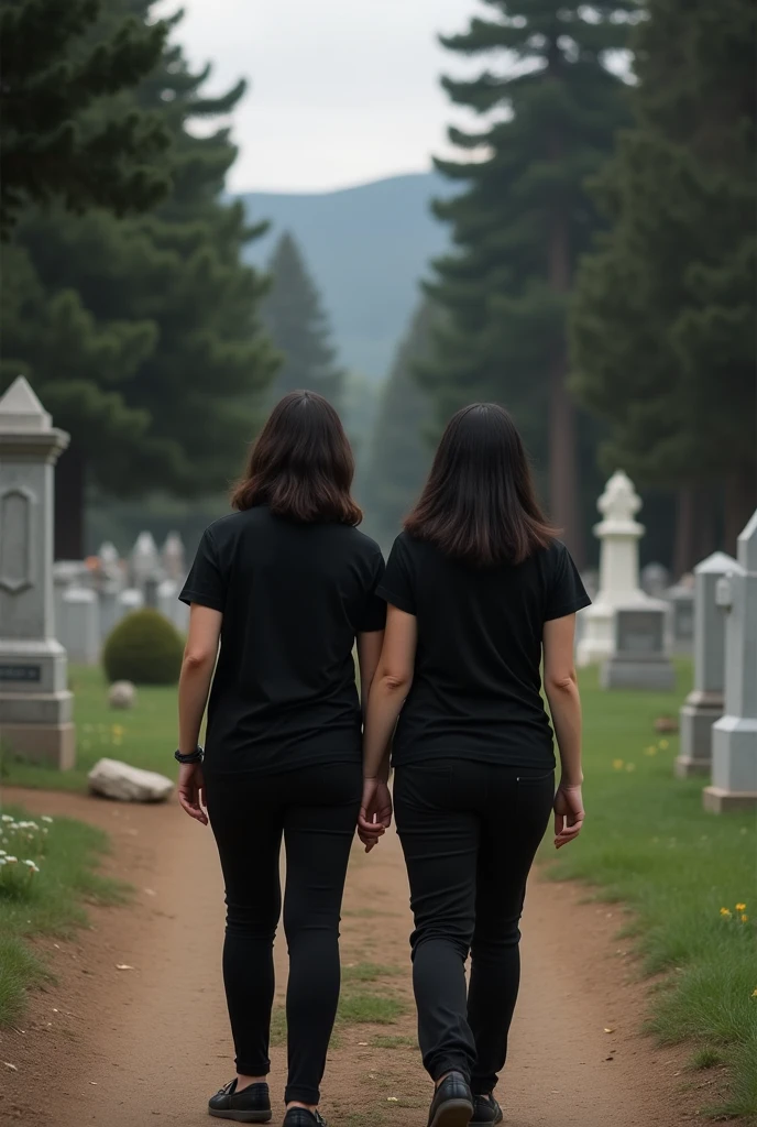 My sister and I dressed in black with pants and t-shirts, Leaving Memorial Park Cemetery in Santa Cruz de la Sierra