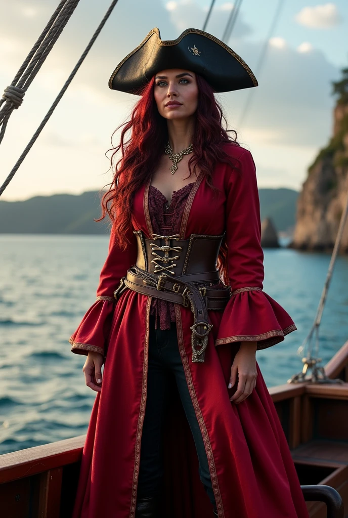 Marvel superhero full body, scarlet witch pirate costume , pirate hat standing on boat