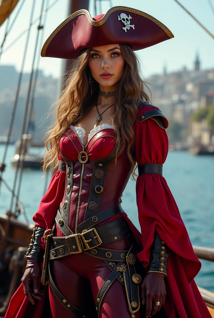 Marvel superhero full body, scarlet witch pirate costume , pirate hat standing on boat
