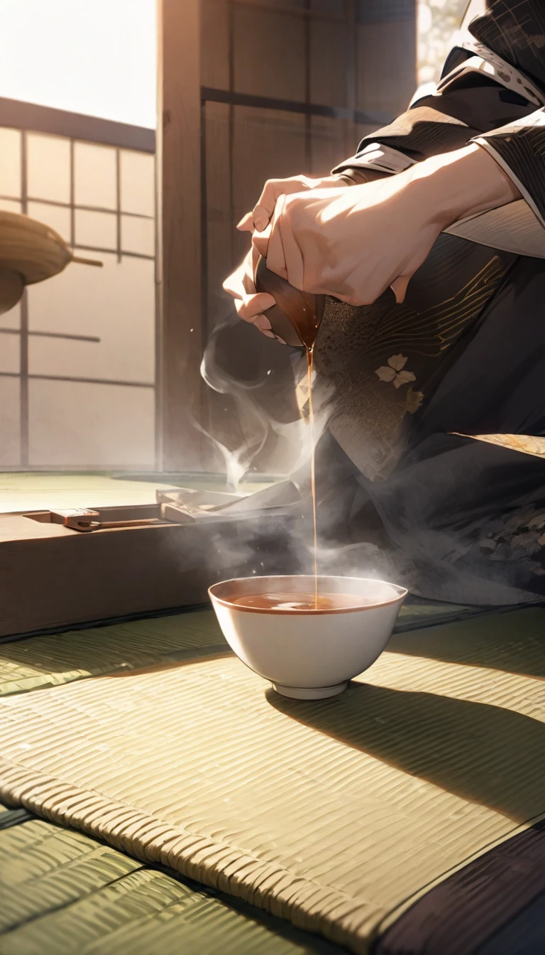 A close-up of a tea bowl being carefully placed on a tatami mat by the samurai, with the delicate steam rising from the tea. The atmosphere is intimate and tranquil, emphasizing the importance of the tea ceremony in Japanese culture