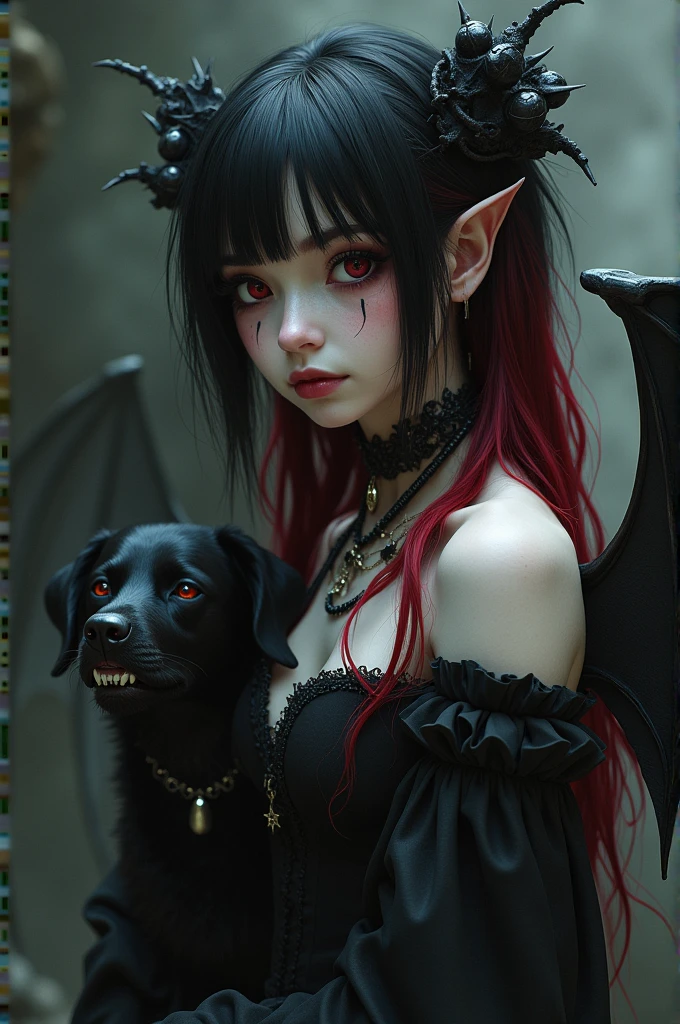 A boy with feminine features who looks like someone in his 20s, her hair is black and red and her skin is white and pale, each of your eyes has a different color from the other, he is sad and melancholic because he is not reciprocated by the man he loves, he looks like a gothic, he is an angel who lost his heavenly grace and was cursed, he has vampire fangs and one of his wings is skeletal and the other is bat-like, he is a wizard with dark powers, he has a black dog made entirely of darkness, he wears a choker and a skeleton necklace.