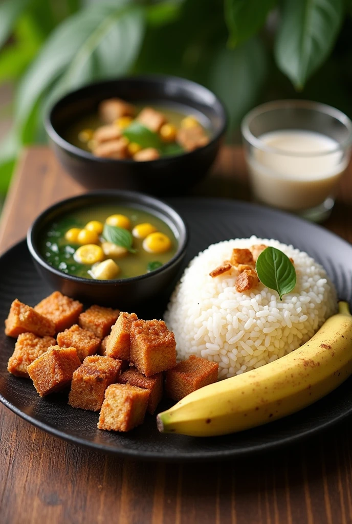 Give a picture / photo 1. Rice about 75 grams 2. Fried Tempe Small pieces of tempeh, fried 3. Clear Spinach Vegetable Soup Clear spinach vegetable soup with a little sweet corn 4. Tahu Bacem Small pieces of tofu, boiled with bacem spices 5. Banana Fruit 1/2 small bananas 6. Fresh Cow's Milk or Soy Milk Small sachet milk of around 100 ml or equivalent