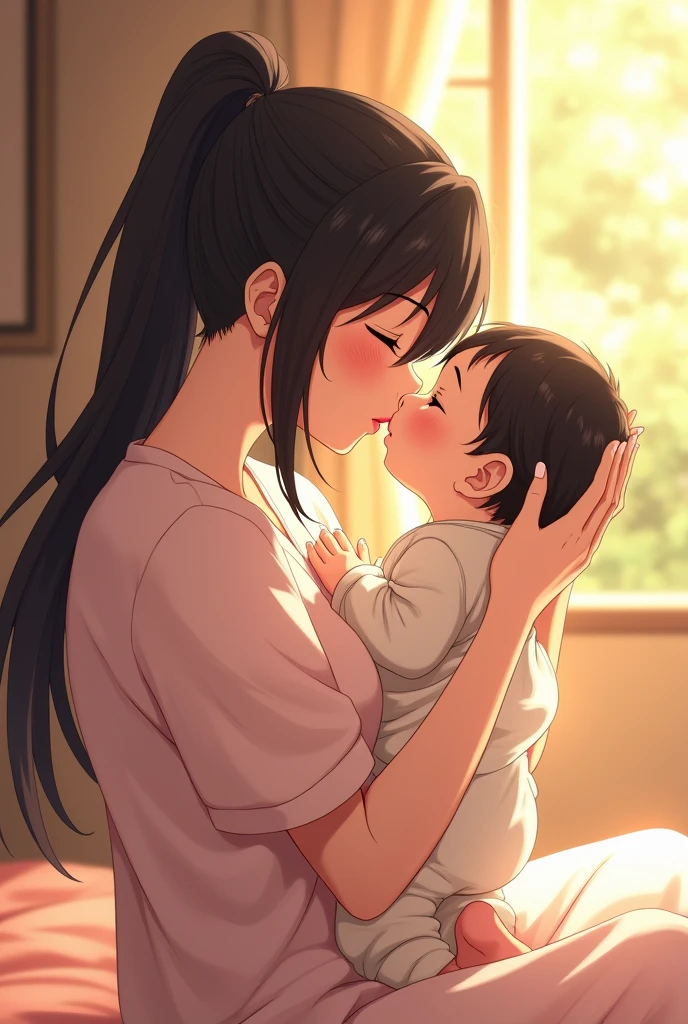 Create an anime girl with long black hair, tied her hair in a ponytail, holding and kissing on the cheek a baby with black hair and white skin