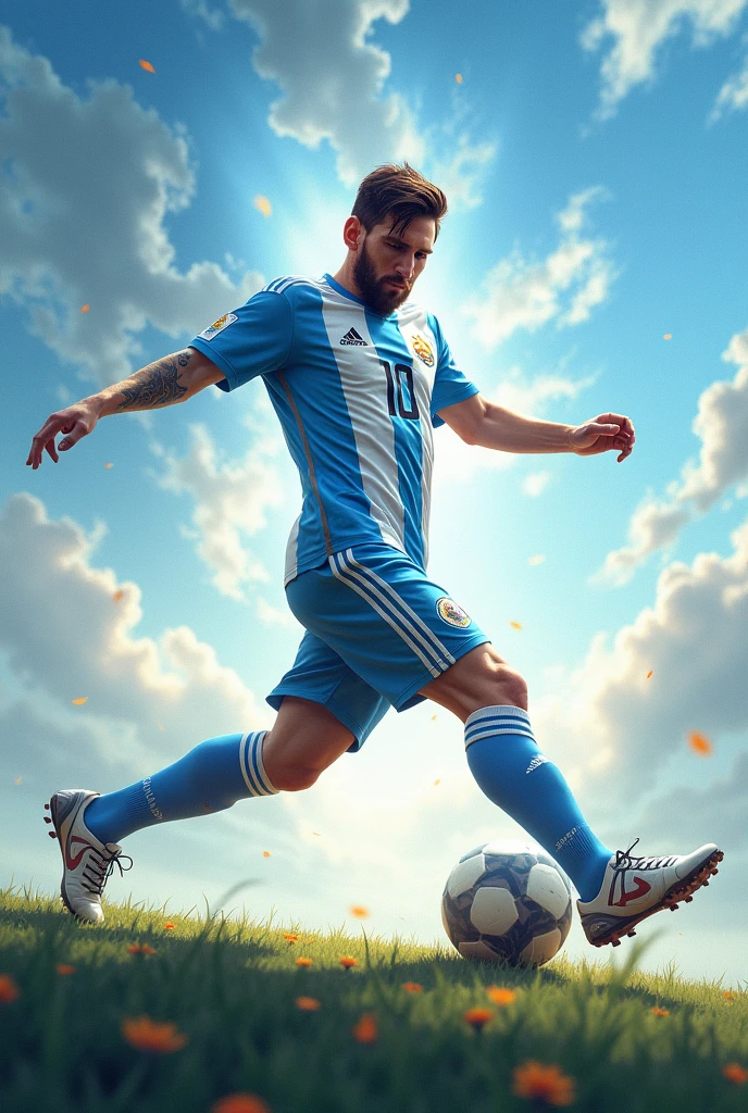 Leo Messi kick a football , the background is so spiritual , beautiful ,give Argentina suit, animated, relastic