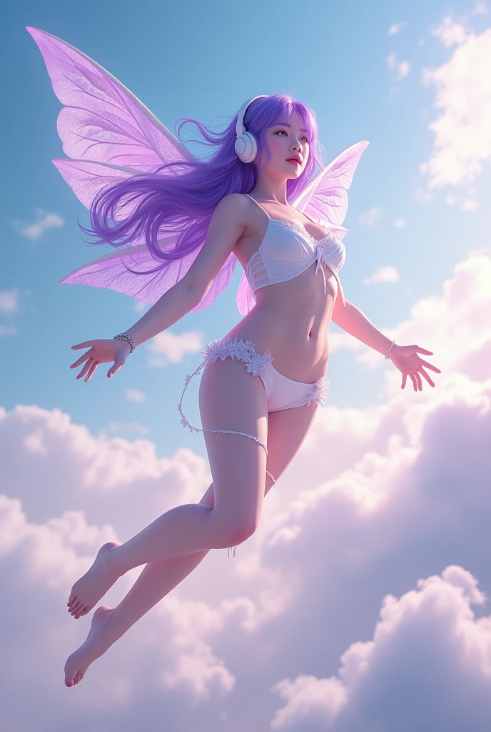 Korean butterfly woman with purple hair, wearing headphones and a super short skirt showing off her buttocks, wearing bright clothes, perfect full body.