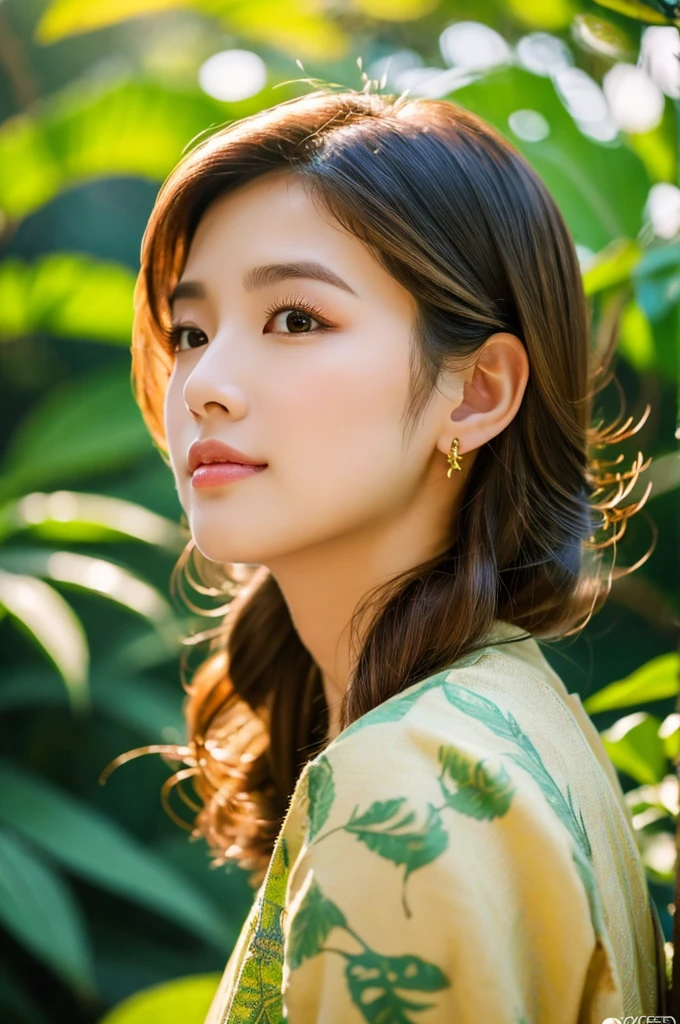 a cute asian woman,1 girls, outdoor, beautiful, soft lighting, vibrant colors, natural surroundings, artful composition, photorealistic, 8k, best quality, masterpiece, detailed face, detailed eyes, detailed lips, long eyelashes, intricate hairstyle, elegant dress, dynamic pose, serene expression, lush foliage, golden hour lighting, cinematic framing, professional quality