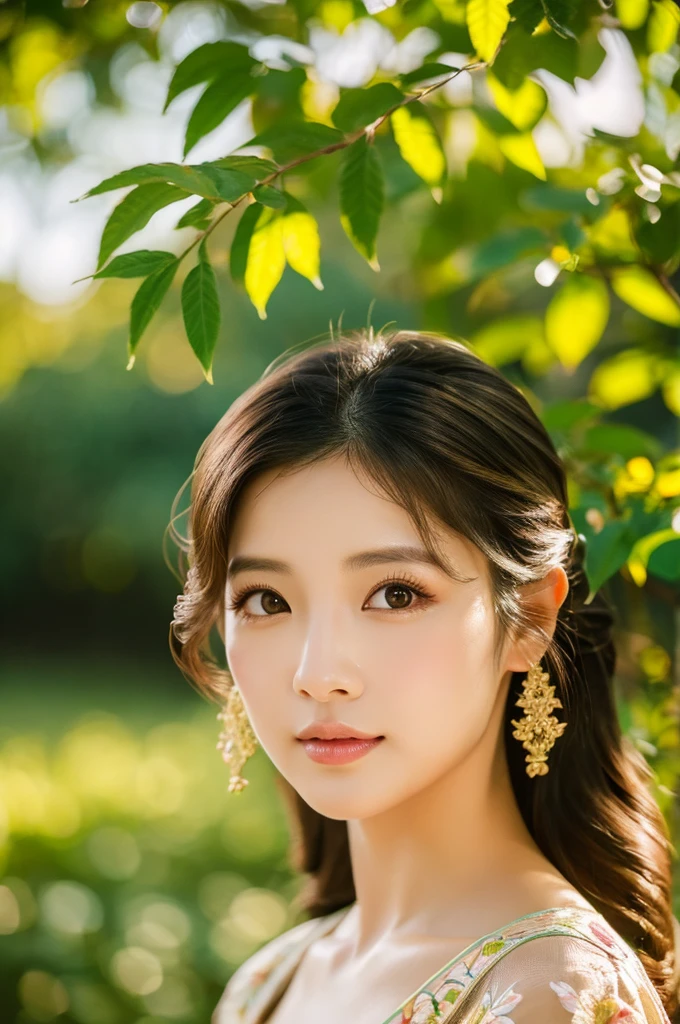 a cute asian woman,1 girls, outdoor, beautiful, soft lighting, vibrant colors, natural surroundings, artful composition, photorealistic, 8k, best quality, masterpiece, detailed face, detailed eyes, detailed lips, long eyelashes, intricate hairstyle, elegant dress, dynamic pose, serene expression, lush foliage, golden hour lighting, cinematic framing, professional quality