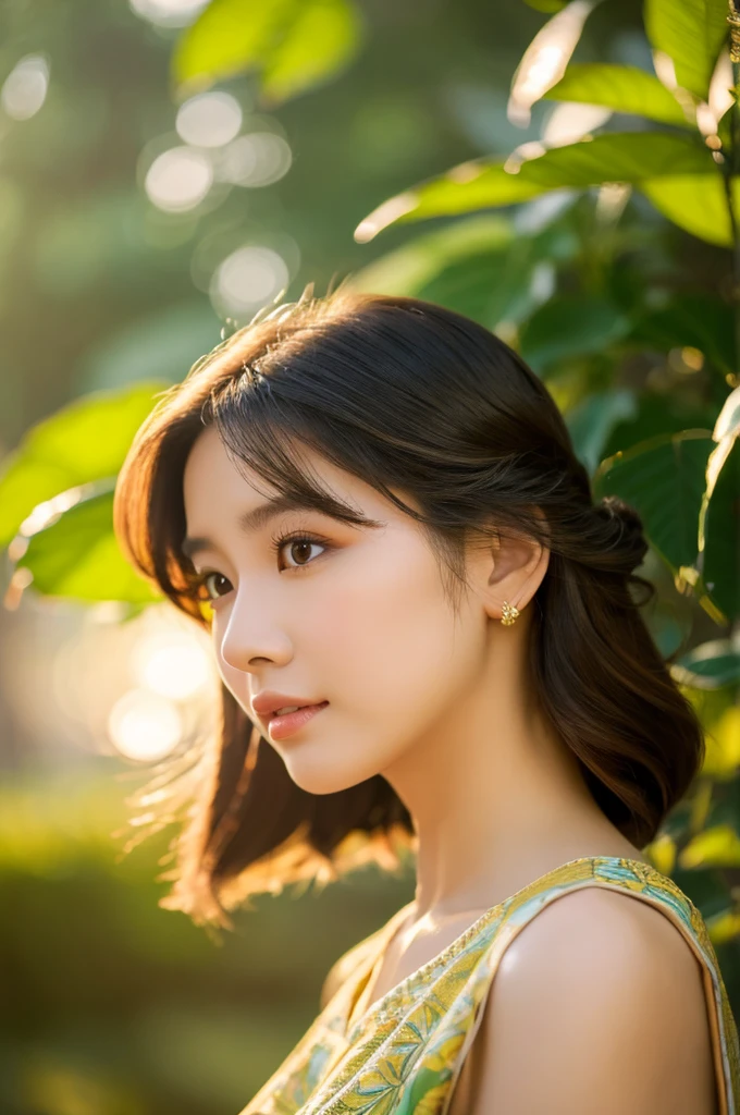 a cute asian woman,1 girls, outdoor, beautiful, soft lighting, vibrant colors, natural surroundings, artful composition, photorealistic, 8k, best quality, masterpiece, detailed face, detailed eyes, detailed lips, long eyelashes, intricate hairstyle, elegant dress, dynamic pose, serene expression, lush foliage, golden hour lighting, cinematic framing, professional quality