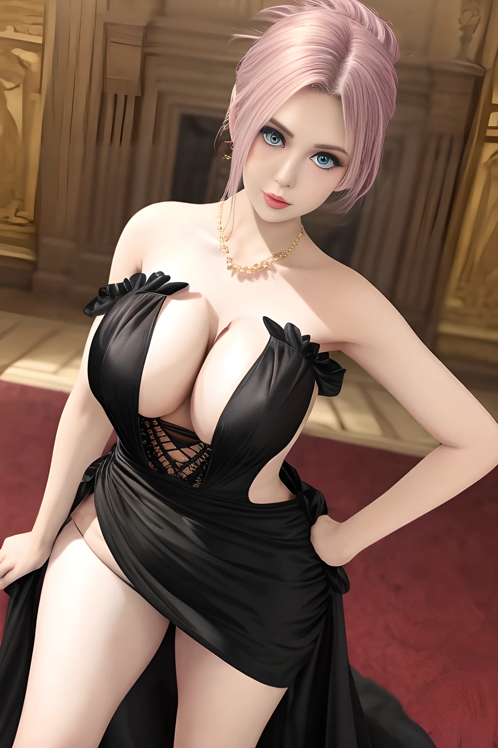 1girl ,flirtatious expression, wearing an elegant black strapless dress. The perspective-dress is beautifully designed with ruching on the bodice and a cascading ruffled asymmetrical hem, adding a playful and chic touch to the outfit. The person is standing upright, with one hand gently touching their leg and the other hand relaxed by their side. The background is plain and neutral, drawing attention to the dress itself. The lighting is soft, highlighting the details of the dress and creating a fashionable and stylish atmosphere,, huge breasts,mature women, elise