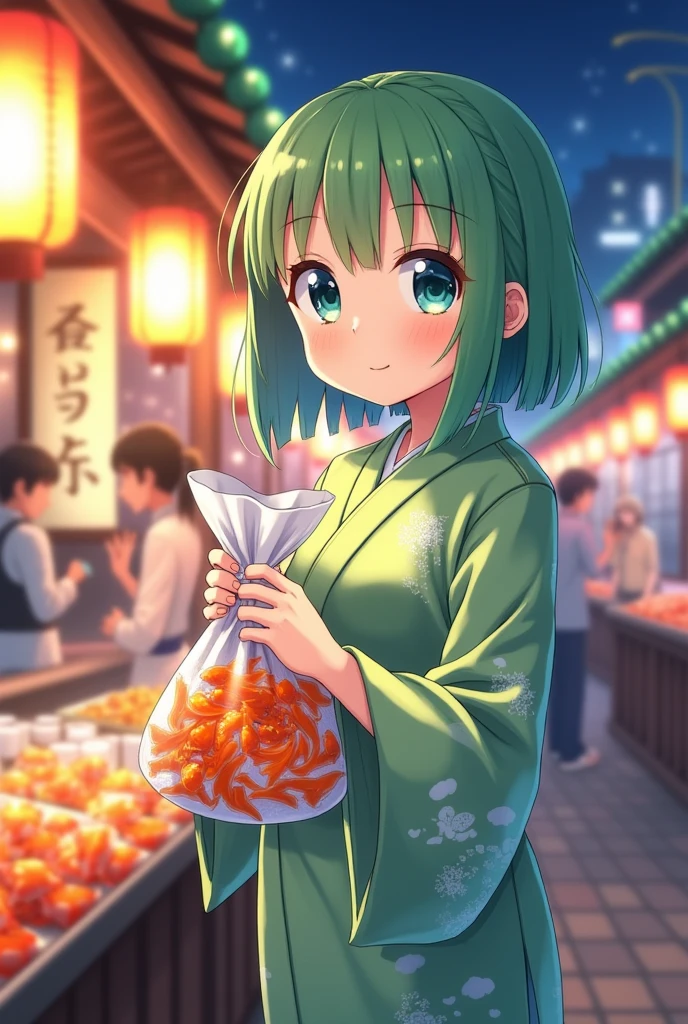 Create a cute arold girl high160cm with bob hair + light green bangs, blue eyes, at a Japanese festival at night, holding a bag of goldfish Wearing a light green yukata an employee at a goldfish cutting shop..