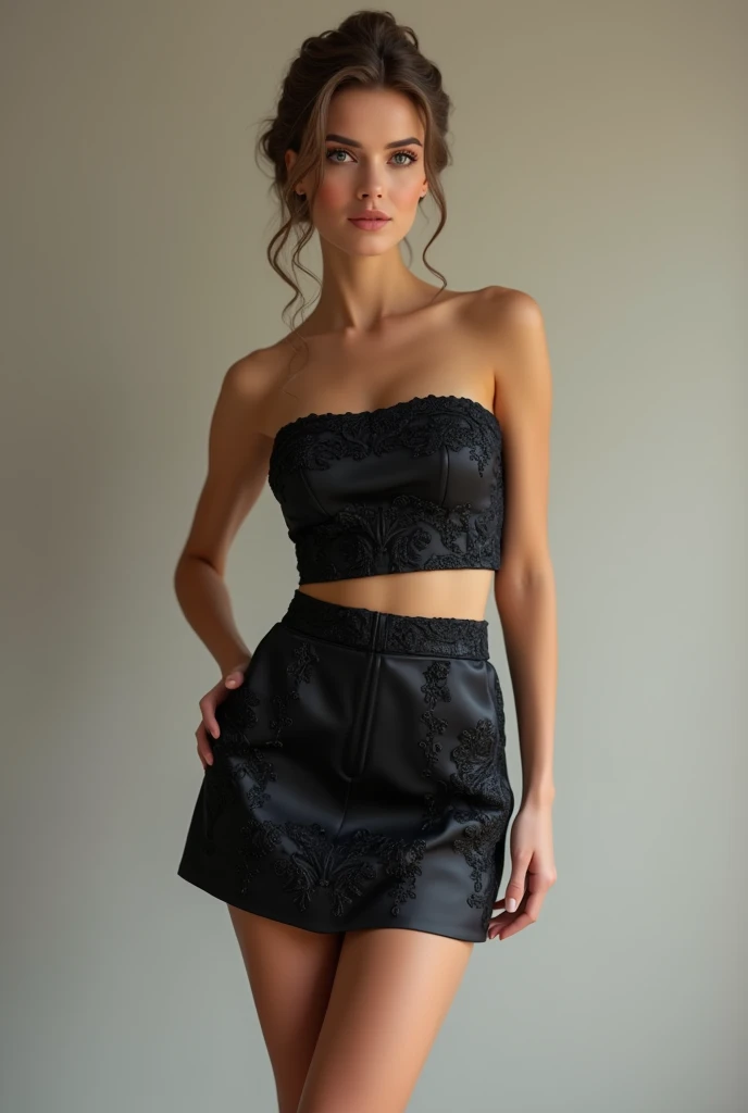 European woman model wearing a short skirt and short strapless blouse set in the same fabric and black with baroque embossed details 