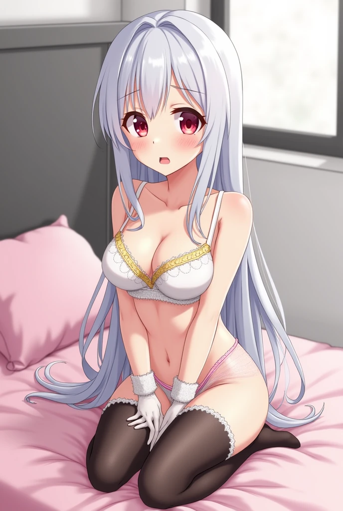 an anime girl, white skin with straight white hair down to the waist, with red eyes, small chest, in lingerie, The white bra is made up of gold edging and detailed design on the white part , the panties made of a light pink color, with cuffs at the top and transparent on the sides, black thigh high stockings , embarrassed and blushing, sitting on her bed with pink sheets ,the grey back wall and a window .