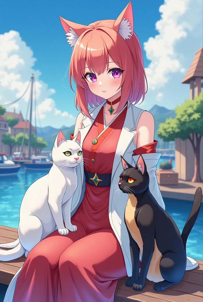 A watercolor painting of a young woman with waist-length hair that is light red, purple eyes like a galaxy, wearing a Liyue style outfit from the game Genshin Impact, sitting on the dock in Liyue City with two cats. The first one is a white cat with two-colored eyes.(Blue,Yellow) Sitting staring at a young woman nearby, another one is stained black and gold, sitting on the young woman's lap.