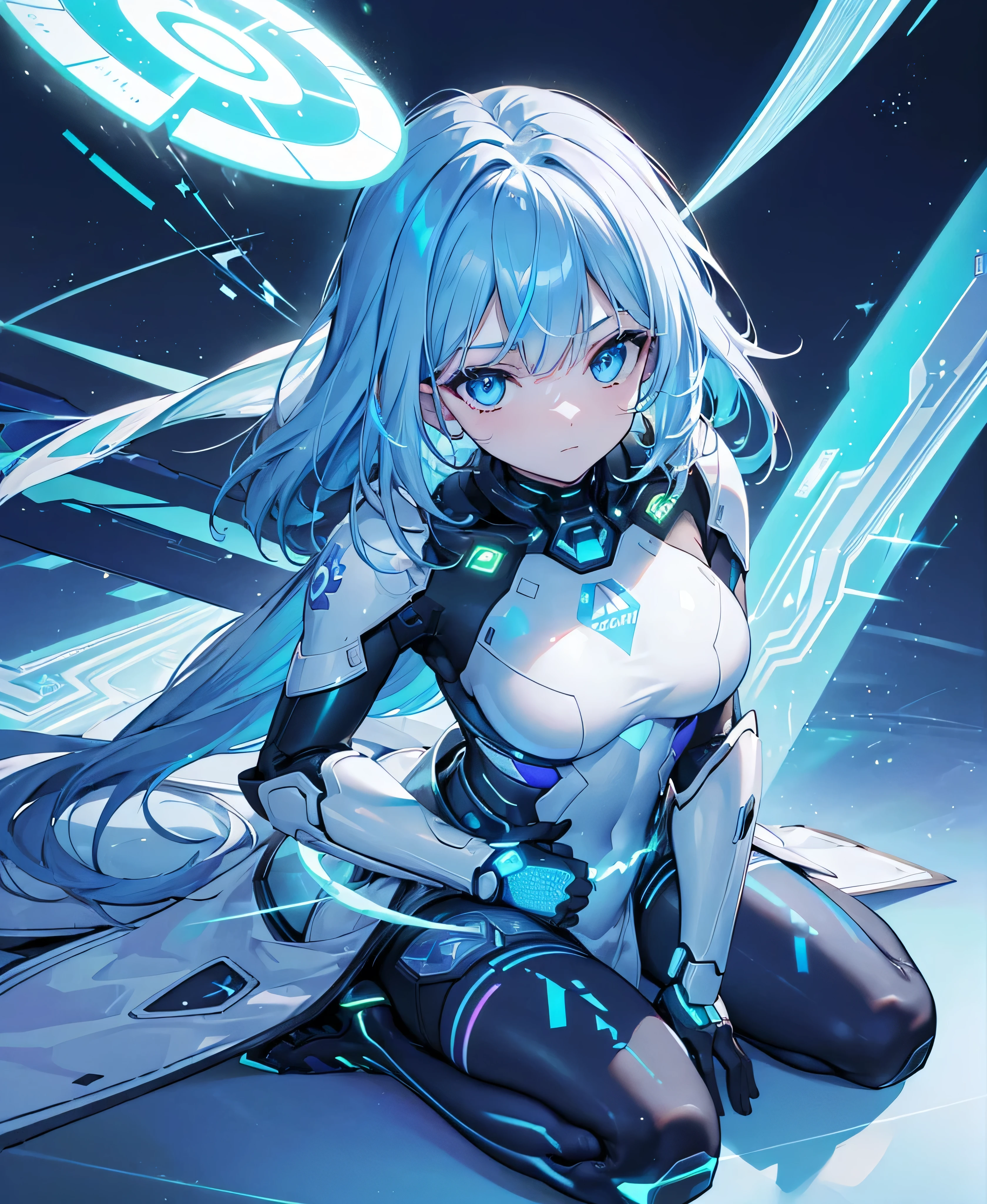 ((Holographic glow effect)),8k, Highest quality, (real:1.4), Original photo, 1 person, Asari Hair, Biological Amplifier, refined armor, posture: Peace talks between warring factions, smart blue eyes,whole body