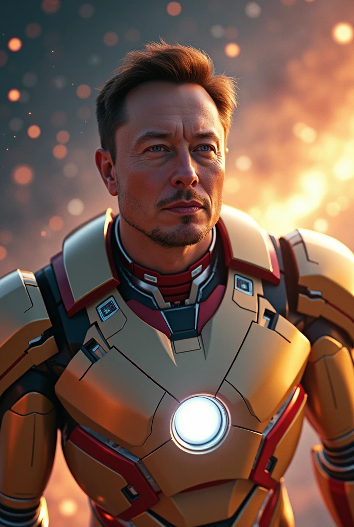 Create Elon Musk's face on Iron Man's body flying through the universe arriving on a planet with lots of gold and diamonds and with galaxies and stars in the background