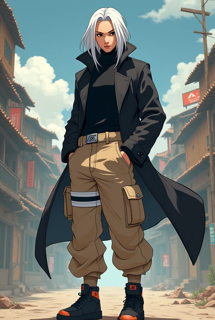 Create Naruto style fan art with waist length white hair, with black eyes, serious look, 1,90 tall, black turtleneck blouse, beige cargo pants, black jordan sneakers, 