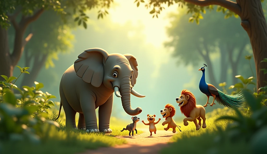 In 3d animation images in this story. હાથી સ્વસ્થ થઈને ફરીથી ઊભો થાય છે અને તેના મિત્રોનો આભાર માનતો હોય છે. સિંહ મોર બકરી ખુશીથી ઉછળતાં હોય છે અને ફરી એક સાથે રમતાં હોય છે. જંગલમાં ફરીથી આનંદનો માહોલ છે"