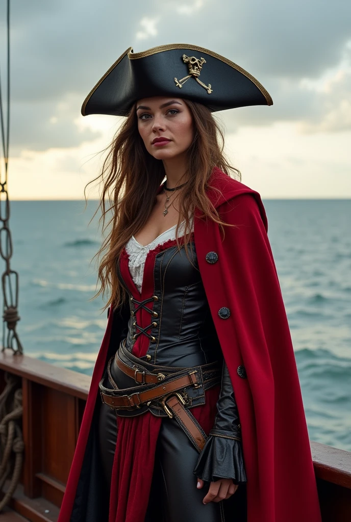 Marvel superhero full body, scarlet witch pirate costume , pirate hat standing on boat
