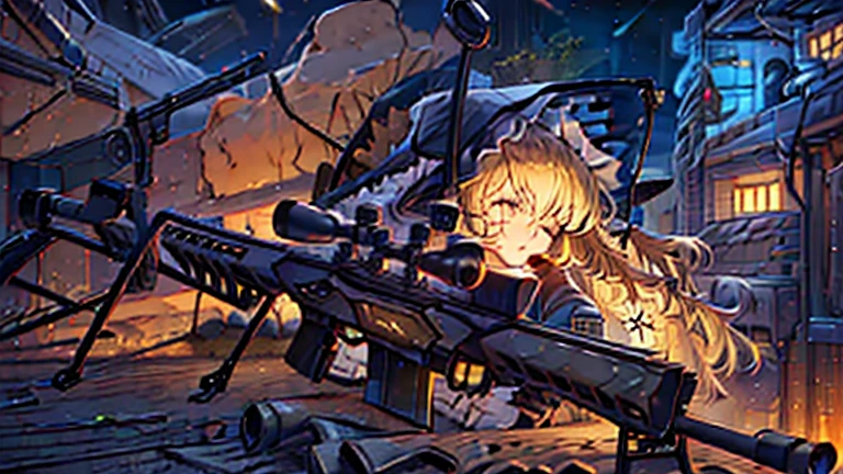 (best quality, anime, (cyberpunk), extremely detailed,), ((marisa kirisame)), (skyscrapers in the background), (((close up shot of a girl holding a sniper rifle))), dramatic lighting, sniper rifle, holding a sniper rifle, holding weapon, (fierce expressions), (large breasts),