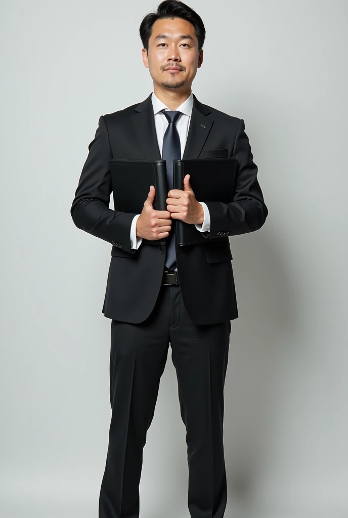 A 2 Japanese man is standing holding a black binder、Black suit、Businessman、The whole body is shown、The eyes are double、Short Hair、Sunburn、facing forward. No beard.
