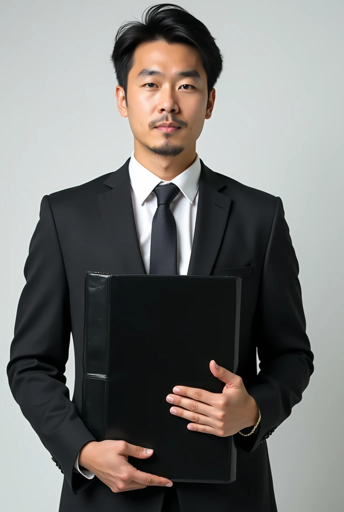 A 2 Japanese man is standing holding a black binder、Black suit、Businessman、The whole body is shown、The eyes are double、Short Hair、Sunburn、facing forward. No beard.
