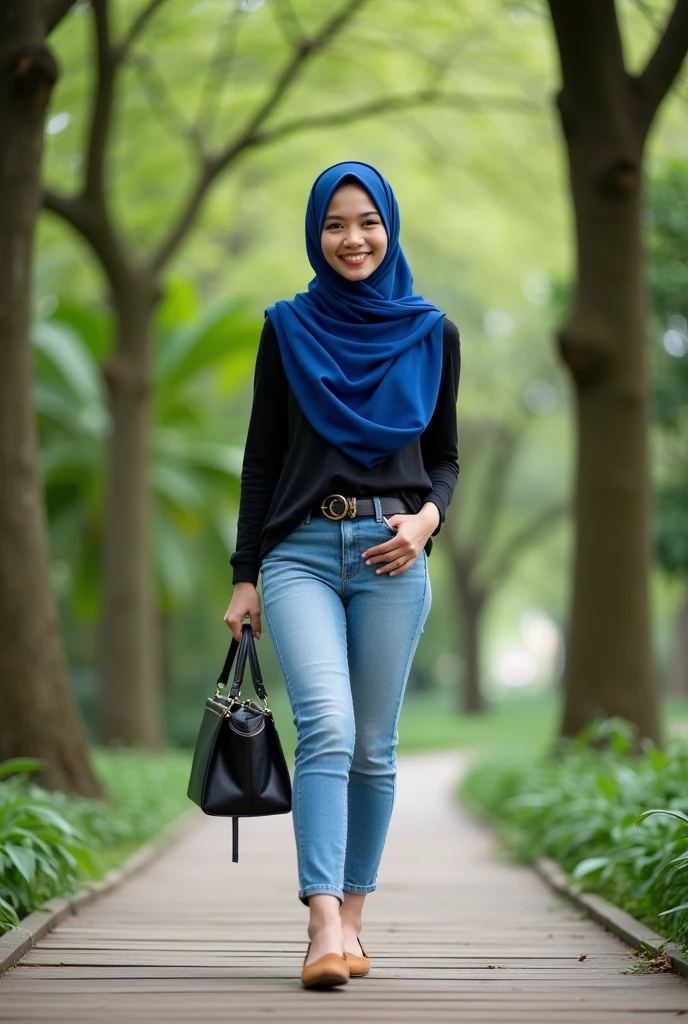 Please make me a photo of a young woman with a bright smile wearing a blue hijab and a black top. She stands facing the viewer on a wooden path in the woods, wearing light blue jeans and brown flats. He was holding a black purse with a long strap. The picture was taken from a low angle, and the woman looked at the camera. The background is a garden.