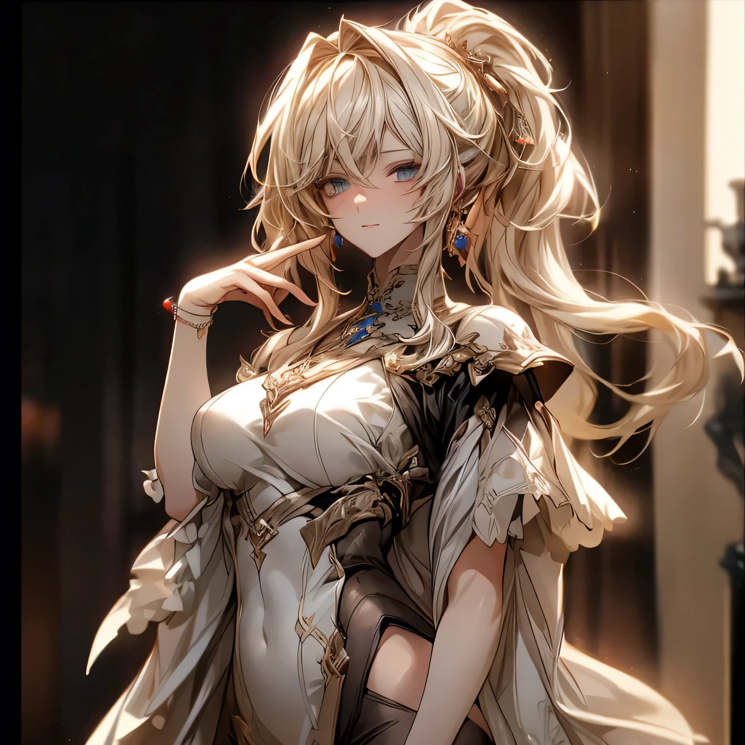(best quality)), ((Masterpiece)), (details:1.4), 3d, HDR (high dynamic range), an image of a beautiful cyberpunk female, Blonde hair, High ponytail, Sleek style, Black eyes, hips up, จมูกโด่ง, ปากแดง, หน้าอกใหญ่, nvidia RTX, PBR surface, After processing, Anisotropic filtration,depth of field, Maximum clarity and clarity, multi-layered surface, Subsurface scattering, perfect proportions, 8K raw files, ultra detailed, Perfect proportions, volumetric lighting, soft lighting, Holy Knight, Heavy Armor, glossy skin, castle background, jewely, ต่างหู, นิ้วมือสมบูรณ์,