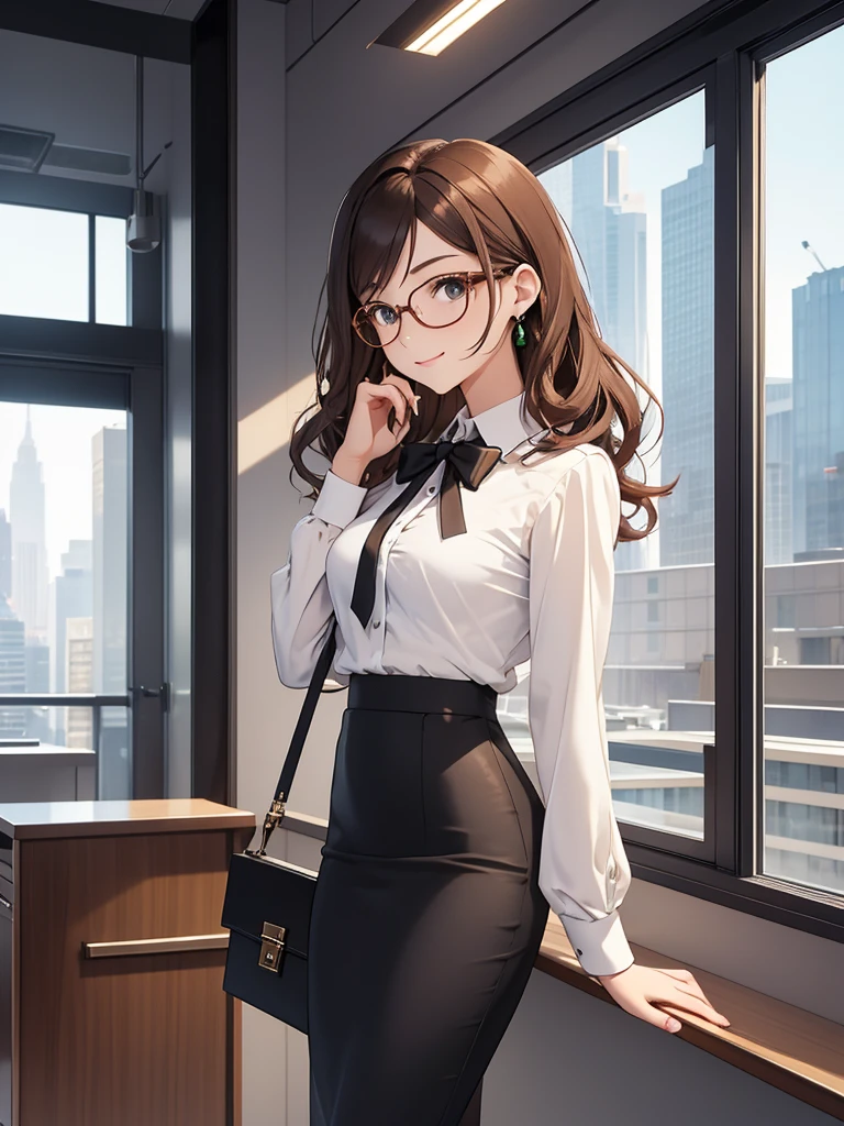 - Gender: Female
- Age: 25
- Body type: Slender, toned
- Height: 170 cm
- Skin tone: Fair with a slight blush
- Hair color and length: Long, wavy, chestnut
- Eye color: Deep emerald
- Clothes: Classic suit with a pencil skirt, white blouse with a stand-up collar, elegant high heels
- Accessories: Small teardrop earrings, stylish glasses with a thin frame, black leather briefcase
- Facial expression and posture: Confident smile, slightly raised eyebrow, pose with a slight tilt to the side and hand on hip
- Background: Office space with large windows through which the cityscape is visible

- Color palette: Predominantly neutral shades with an emphasis on emerald and gold
- Inspiration: Characters from corporate films such as "The Devil Wears  Prada"

- Emphasize the determination and confidence in the character
- Add details that reflect her professionalism and status