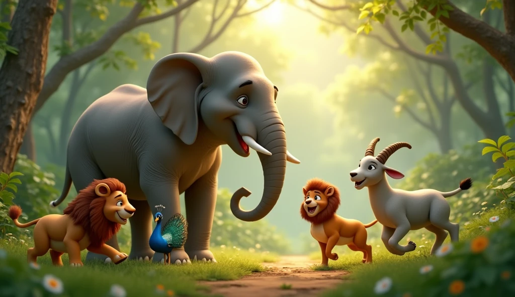 In 3d animation images in this story. હાથી સ્વસ્થ થઈને ફરીથી ઊભો થાય છે અને તેના મિત્રોનો આભાર માનતો હોય છે. સિંહ મોર બકરી ખુશીથી ઉછળતાં હોય છે અને ફરી એક સાથે રમતાં હોય છે. જંગલમાં ફરીથી આનંદનો માહોલ છે"