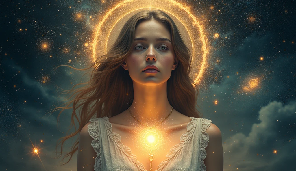 instagram profile picture of a face that portrays a 31 year old woman weighing 100 kilos, with long, wavy brown hair, connecting the universe to the earth and a scale of justice 