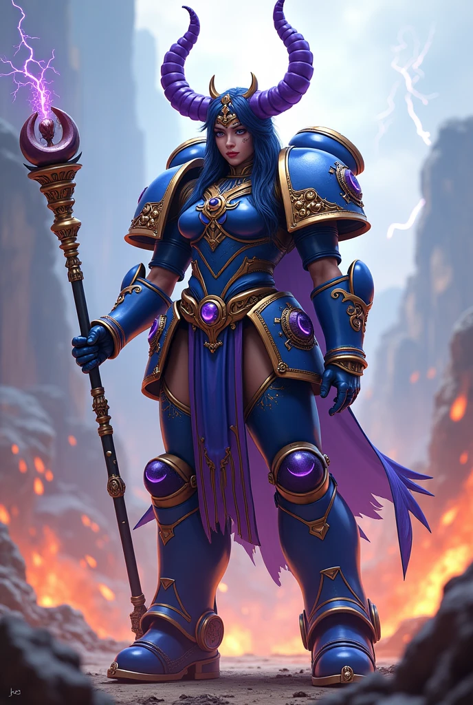 masterpiece, Best Quality, ultra detailed, animated style, fighting, Chaos Space Marine Girl Full Body., blue full servo armature, Purple markings with gold trim, Headdress in the shape of two long horns with purple eye details,.Eye tattoos on left cheek., Egyptian style accessory and holds the sorcerer&#39;s staff., wearing jacked up boots, Supernatural flame and lightning., standing on the battlefield, Warhammer 40K, 8K high resolution, trend art station, White background, whole body, tall girl
